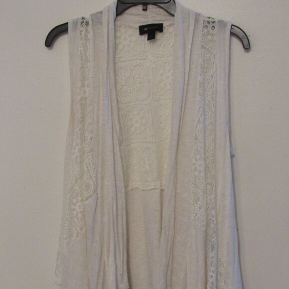 AB Studio Lace Flyaway Vest Women's Medium Oatmeal Linen Blend Open Front Draped - Picture 2 of 8